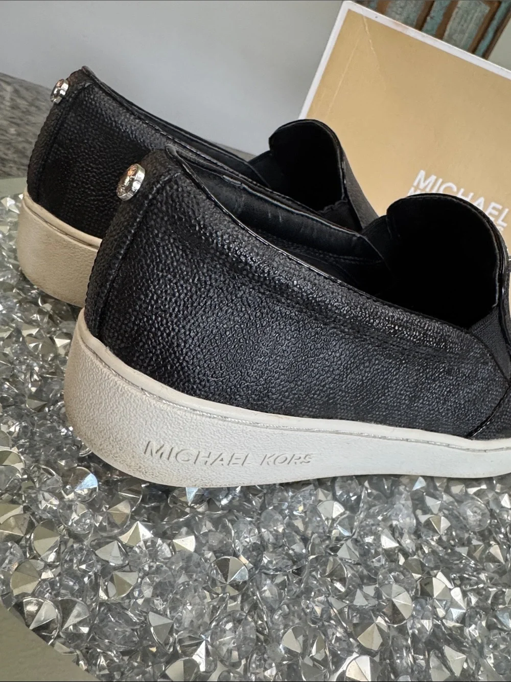 Michael Kors Black Logo-Print Slip-On Flats with White Sole